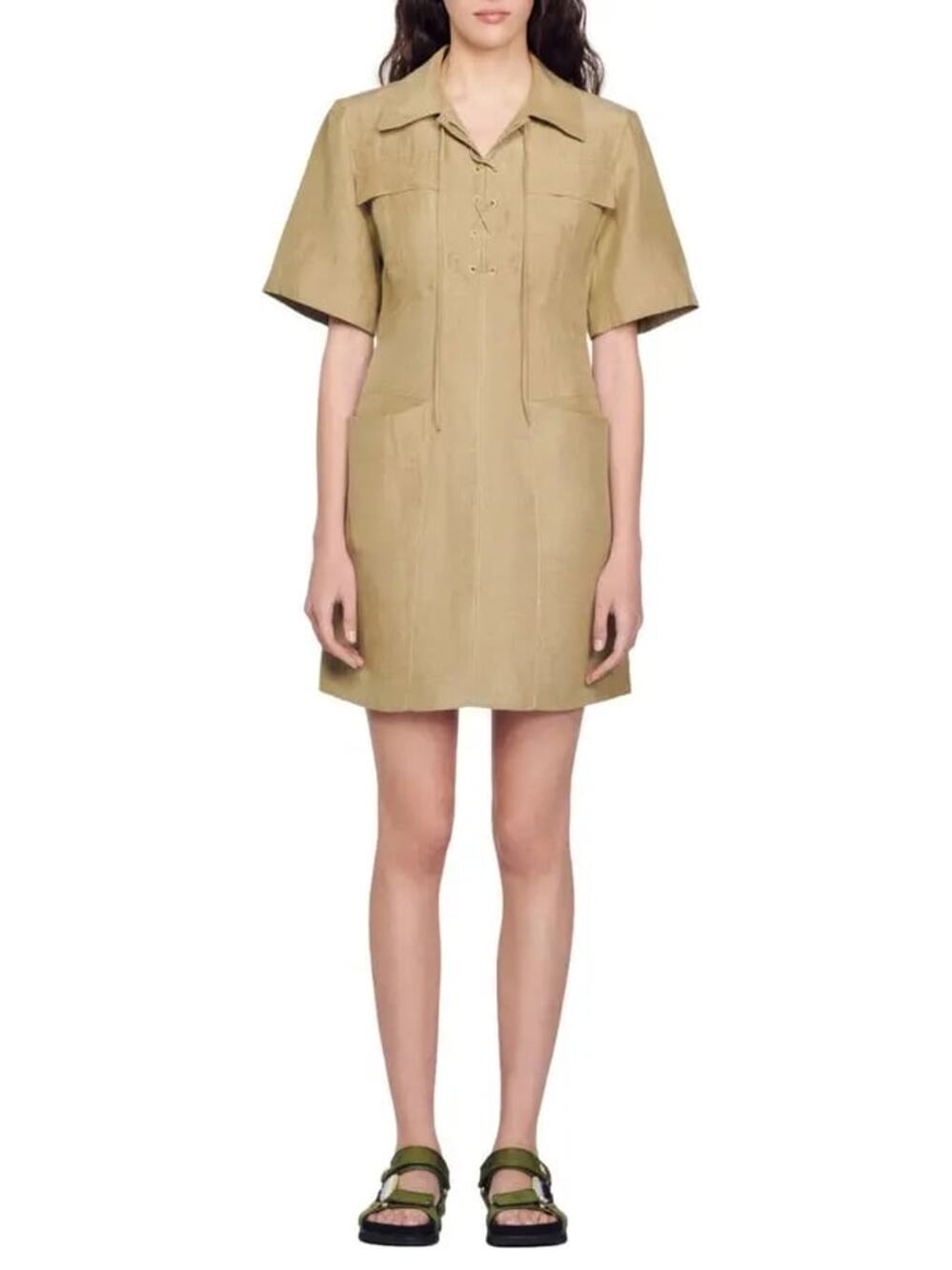 RTR Sandro SzEU 40 4 Green Linoa Linen Blend Lace Up Short Sleeve Shift  Dress